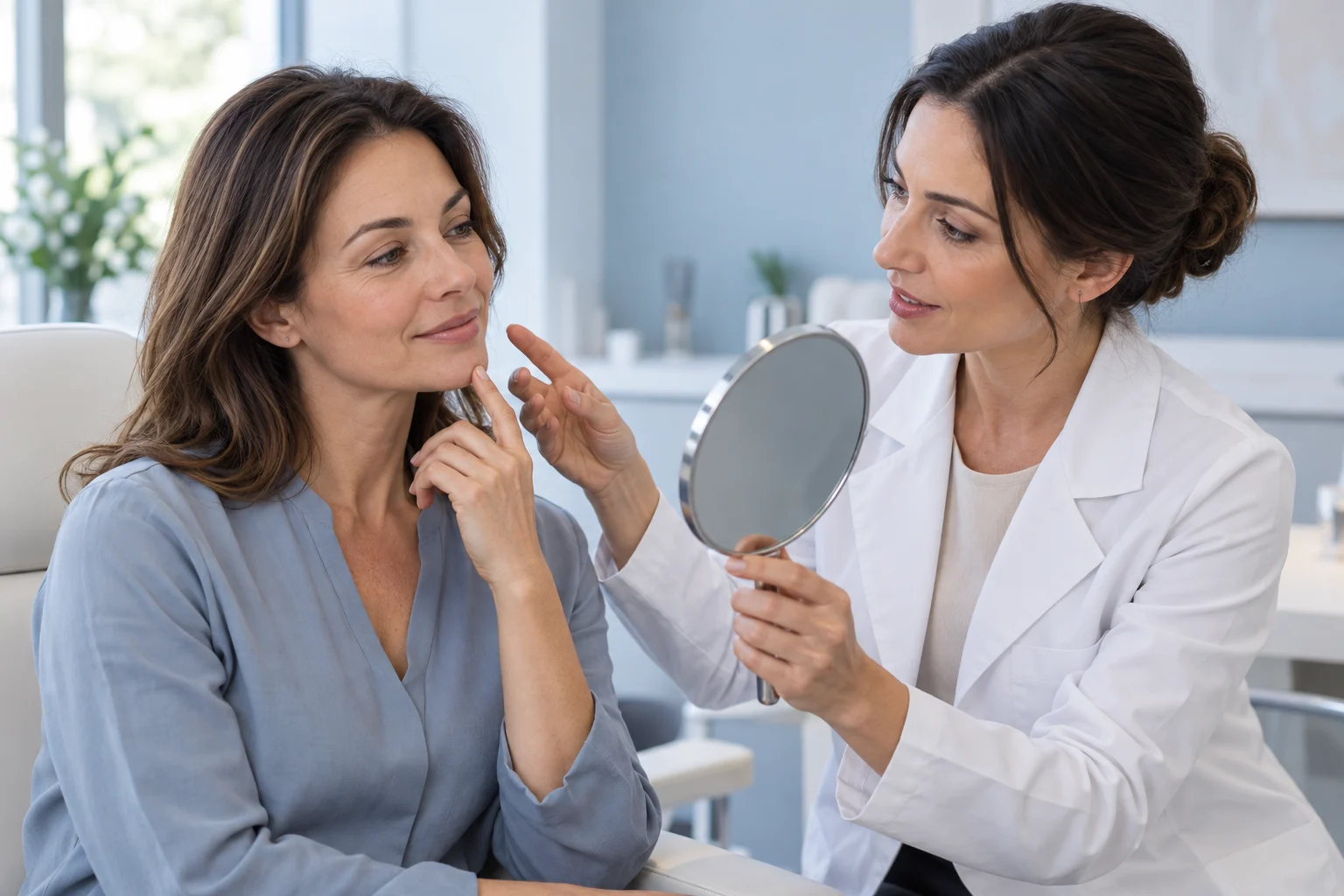 Scena illustrativa: una donna e una professionista in camice osservano il viso durante un colloquio con uno specchio.