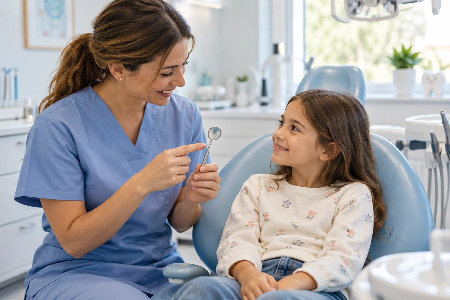 Scena illustrativa: una professionista mostra uno specchietto dentale a una bambina seduta sulla poltrona odontoiatrica.