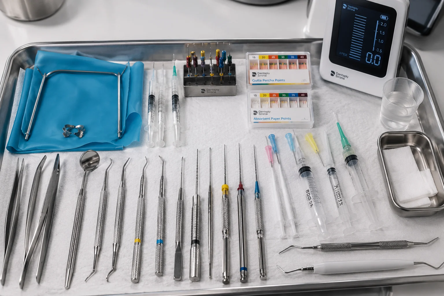 Illustrazione di strumenti endodontici, lime colorate e apparecchiatura disposti su un vassoio.